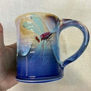 SAP Signed Studio Pottery Dragonfly Coffee Mug Blue Glaze Dragonfly Stoneware